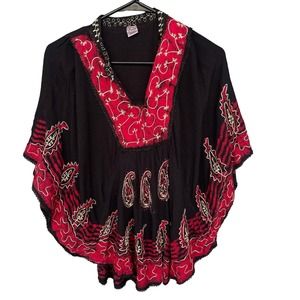 Laddi Top Womens One Size Black Red Paisley Embroidered Bohemian Batwing‎ Hippie